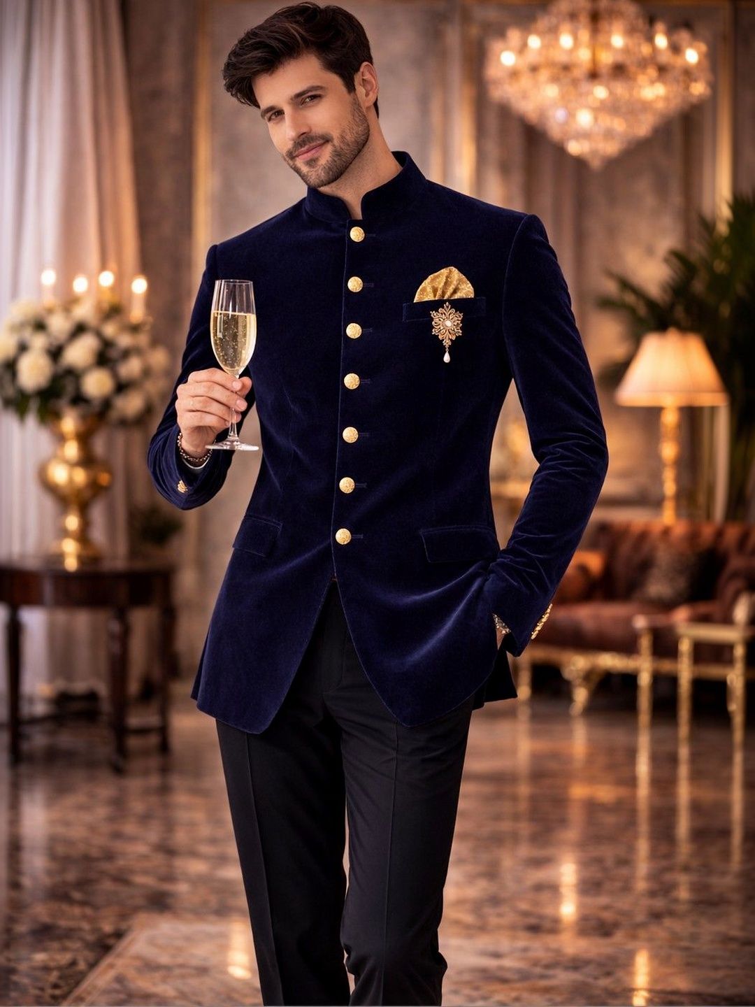 House of Pataudi Mandarin Collar Jodhpuri Tailored Fit Blazers-picture-49