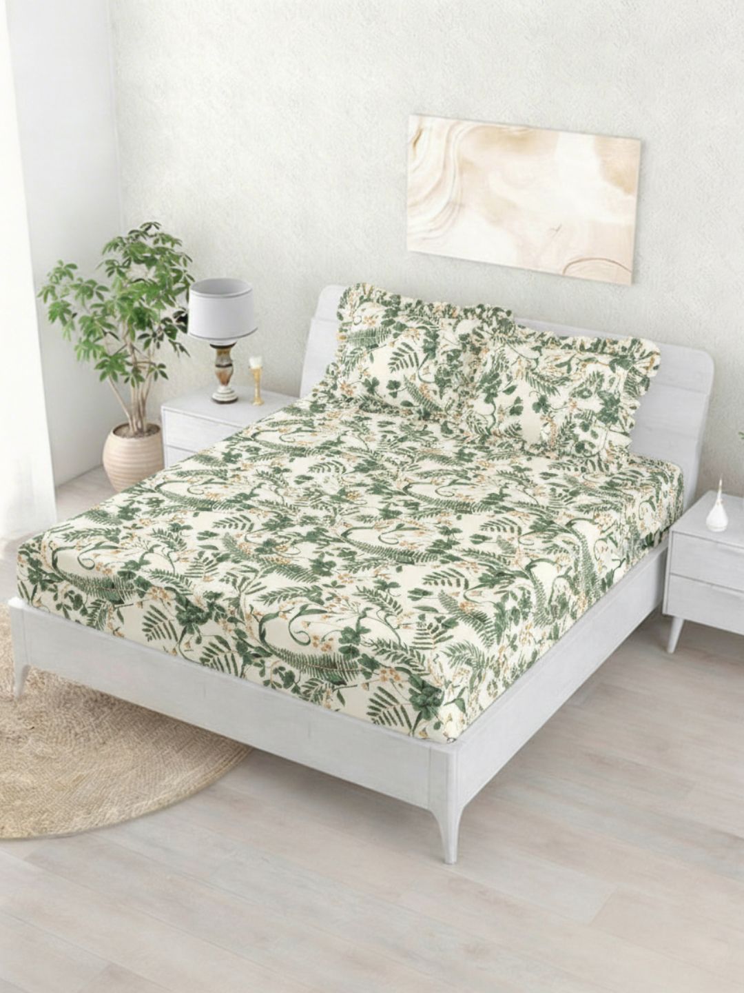 Status Beige & Rust Premium Cotton Feel Double Fitted Bedsheet with 2 Frill Pillow Covers-image-19