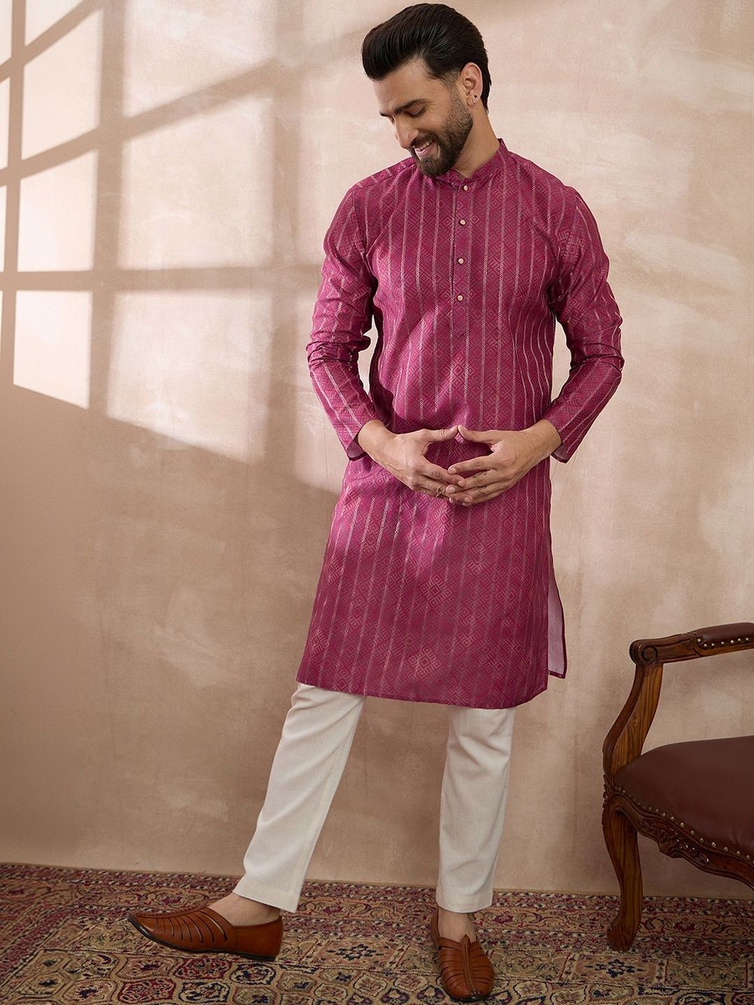 House of Pataudi Printed Silk Mandarin Collar Calf Length Straight Kurta-picture-42