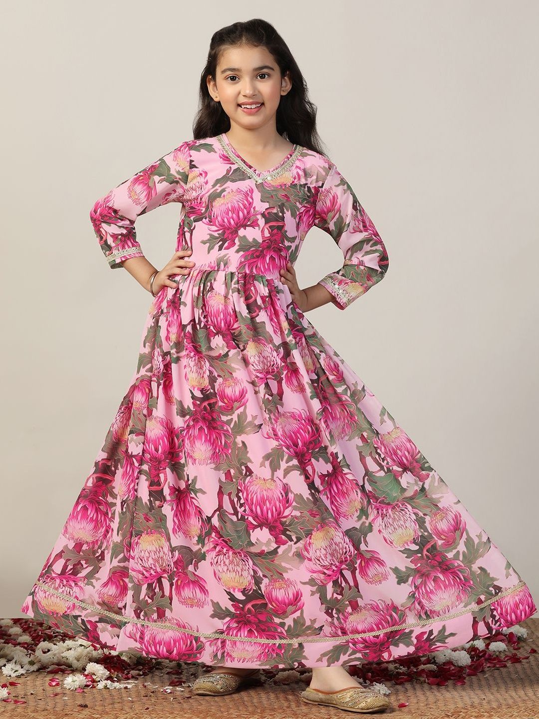 Sangria Girls Light Pink Georgette Floral Printed Fit Flared Maxi Dress Ethnic Dresses-picture-35