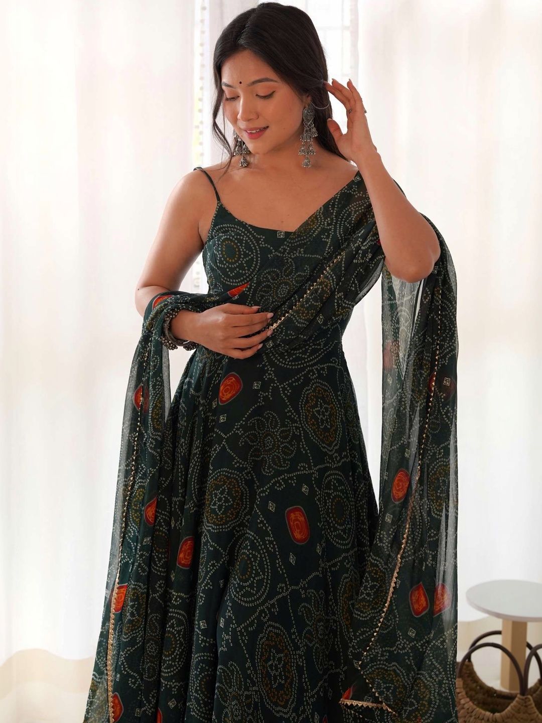 SAJAVAT ETHENIC WEAR Women Bandhani Printed Regular Silk Chiffon Kurta with Palazzos & With Dupatta