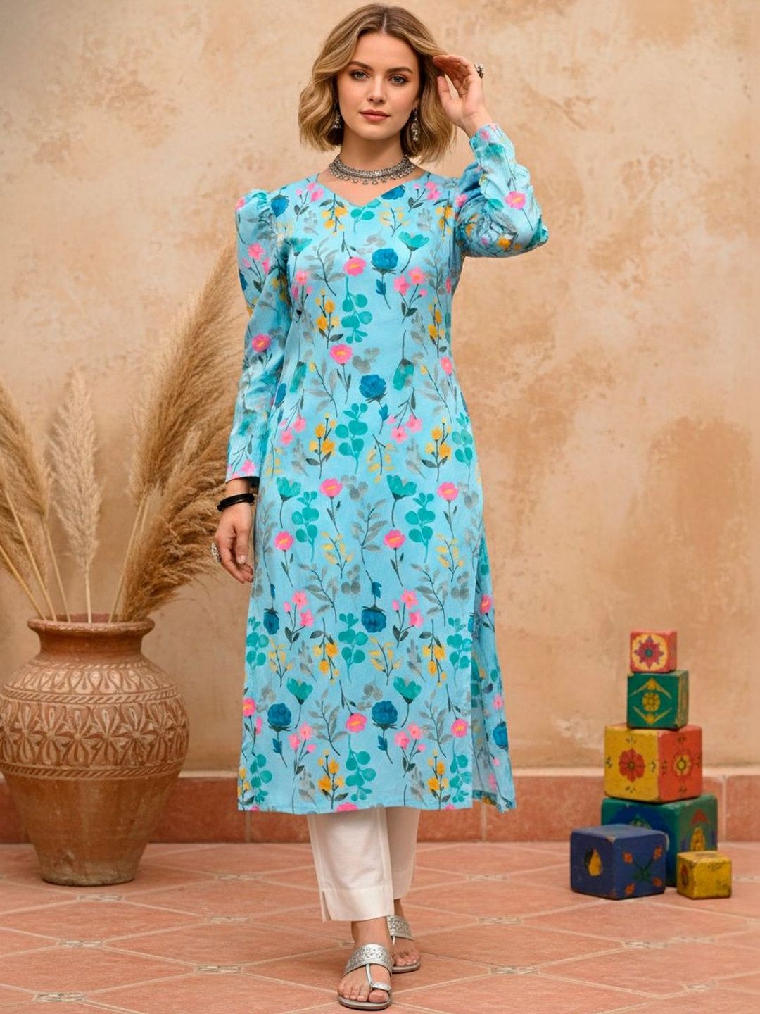 KALINI Sky Blue Floral A-line Straight Kurti-picture-13