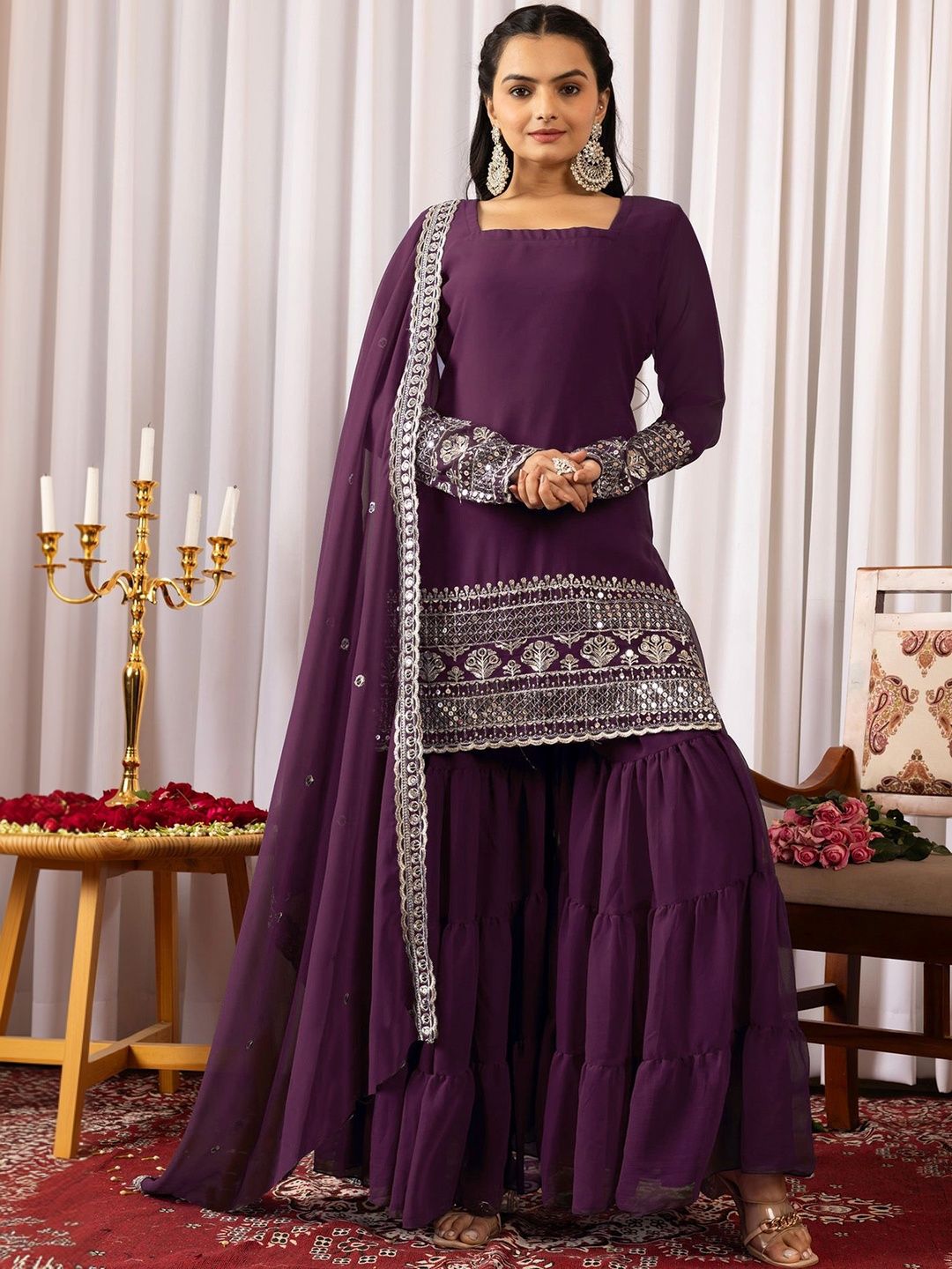 SIDDESHWARY FAB Women Ethnic Motifs Embroidered Regular Mirror Work Kurta with Sharara & With Dupatta-picture-58