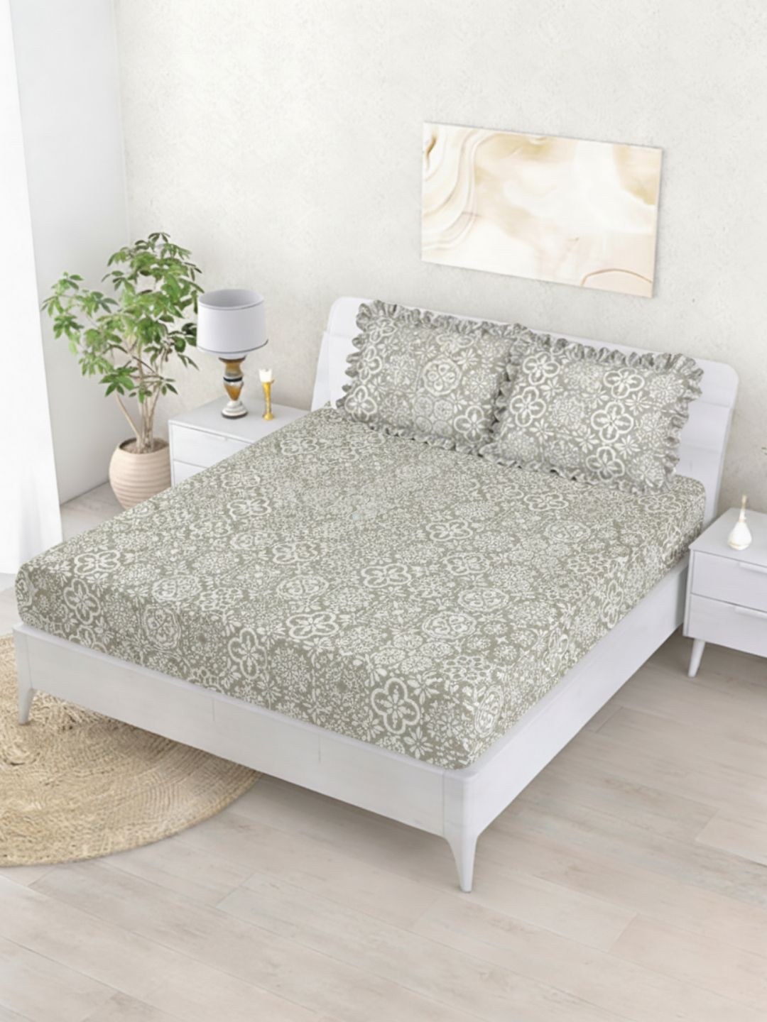 Status White & Green Premium Cotton Feel Double Fitted Bedsheet with 2 Frill Pillow Covers-picture-32