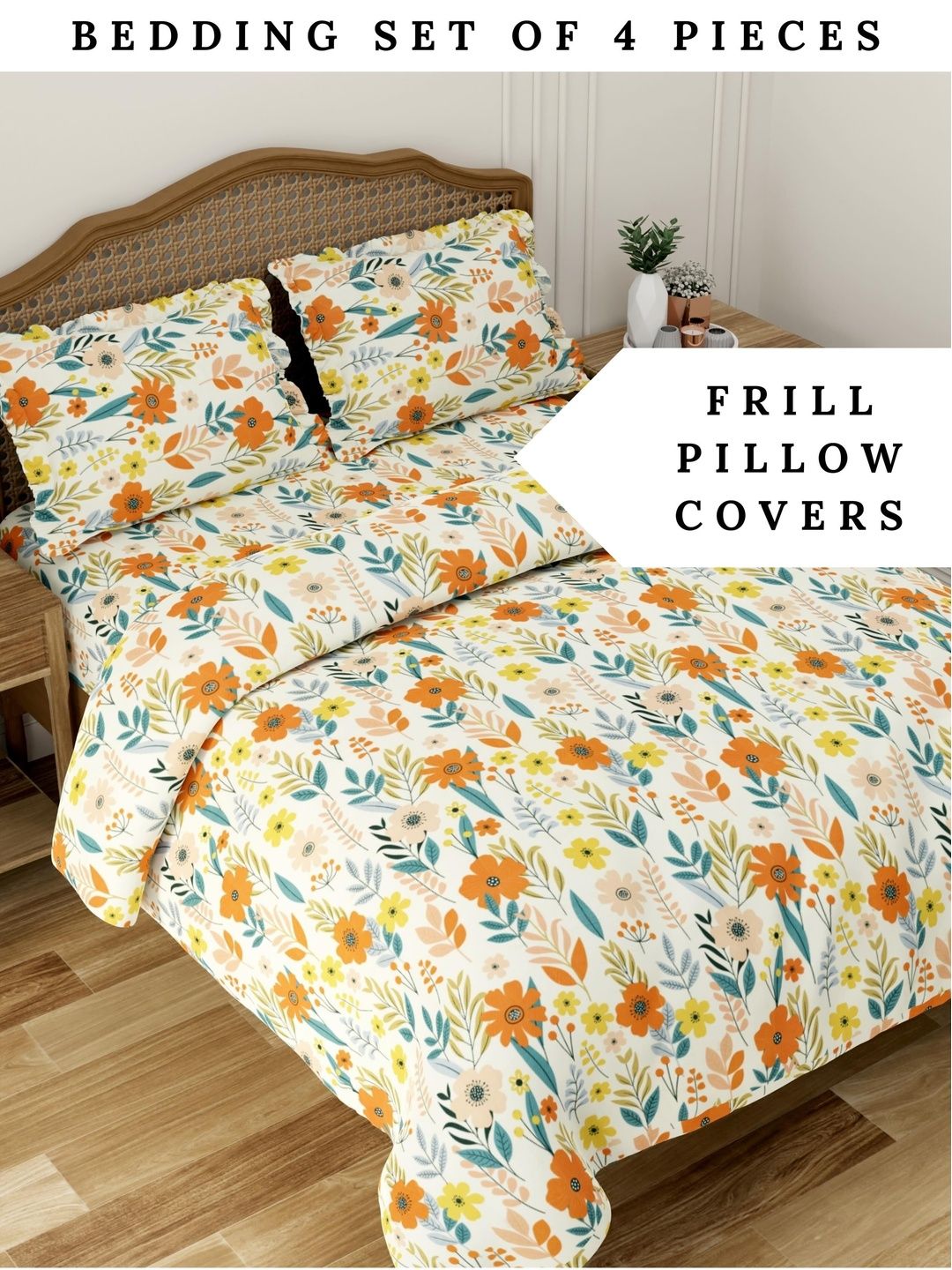 Pure Decor Orange & Yellow Floral Polycotton 4 Piece Double King Superfine Bedding Set-picture-25