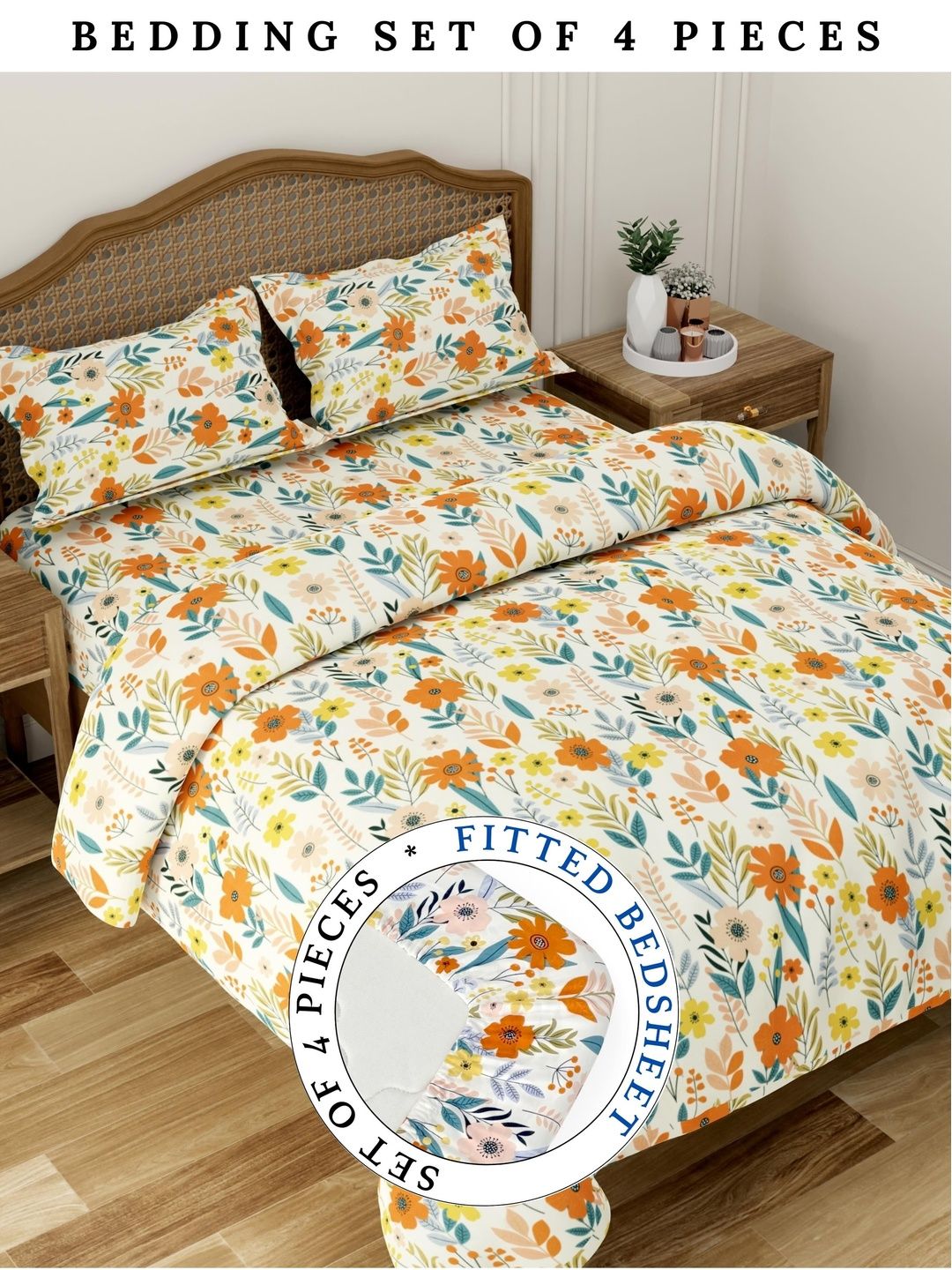 Pure Decor Orange & Yellow Floral Polycotton 4 Piece Double King Superfine Bedding Set-picture-22