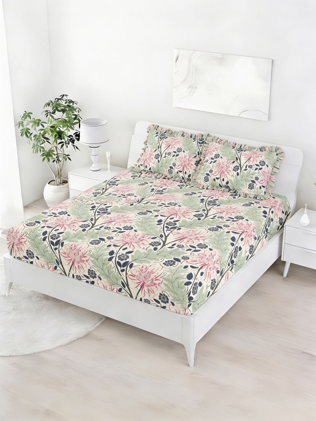 Status Cream & Pink Premium Cotton Feel Double Fitted Bedsheet with 2 Frill Pillow Covers-image-21