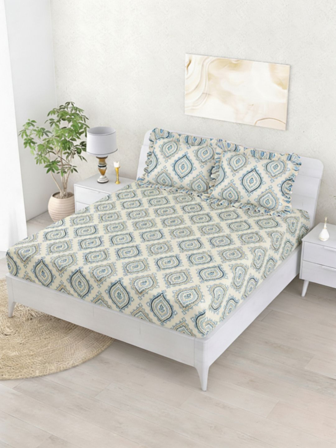 Status Beige & Blue Premium Cotton Feel Double Fitted Bedsheet with 2 Frill Pillow Covers-picture-29