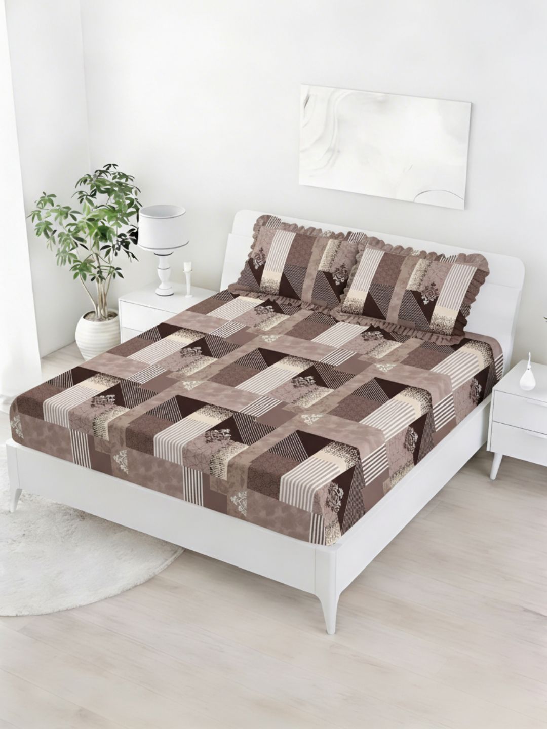 Status Brown & Coffee Premium Cotton Feel Double Fitted Bedsheet with 2 Frill Pillow Cover-image-19