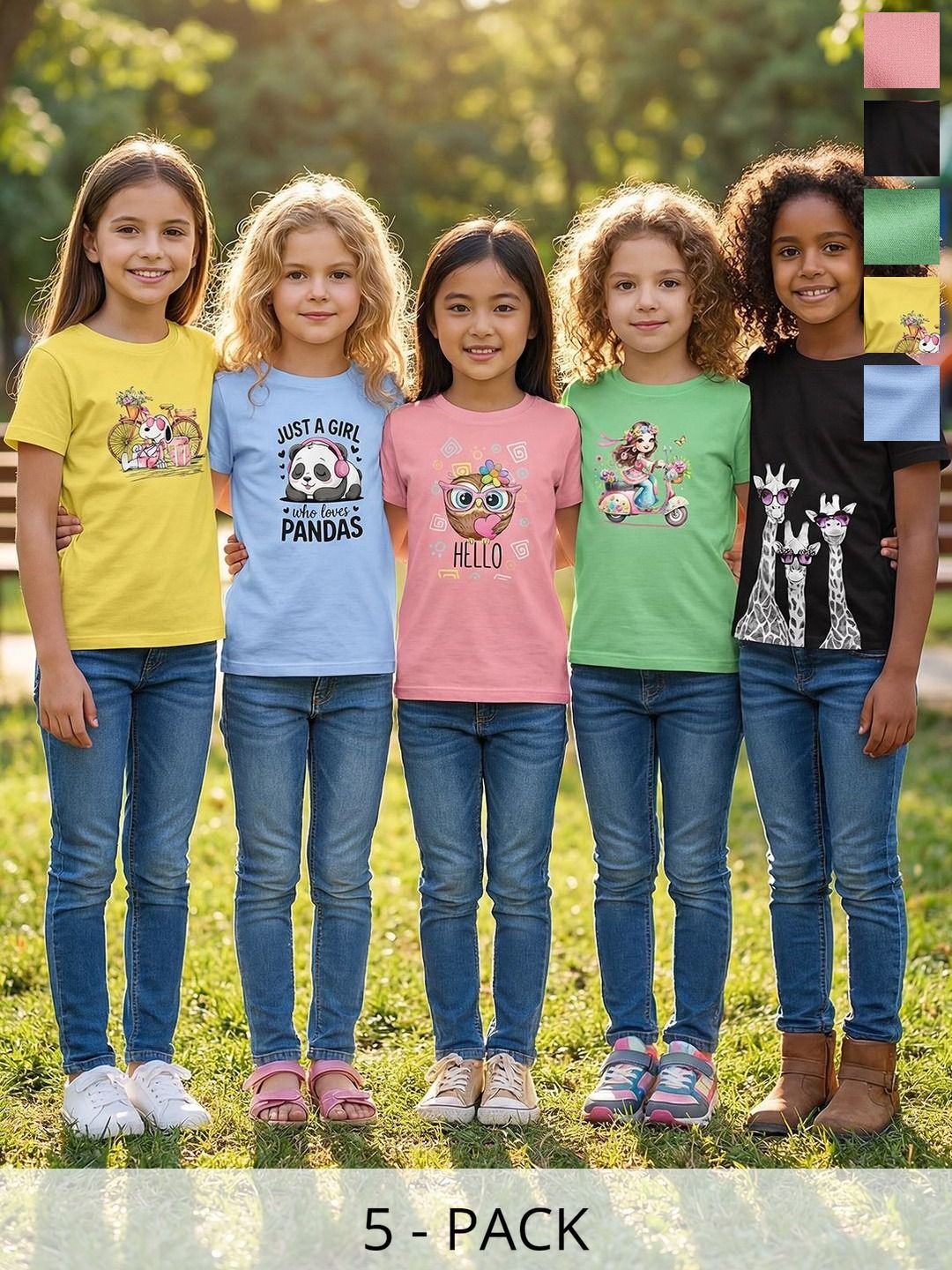 HELLCAT Girls Pack Of 5 Printed Round Neck Tshirts-image-47