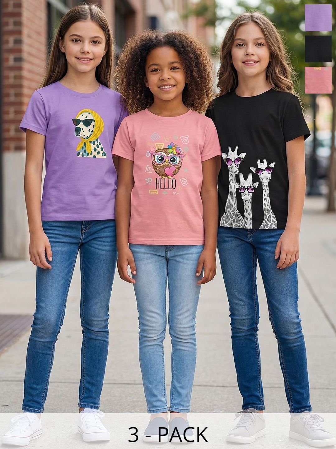 HELLCAT Girls Pack Of 3 Printed Round Neck Tshirts-picture-28