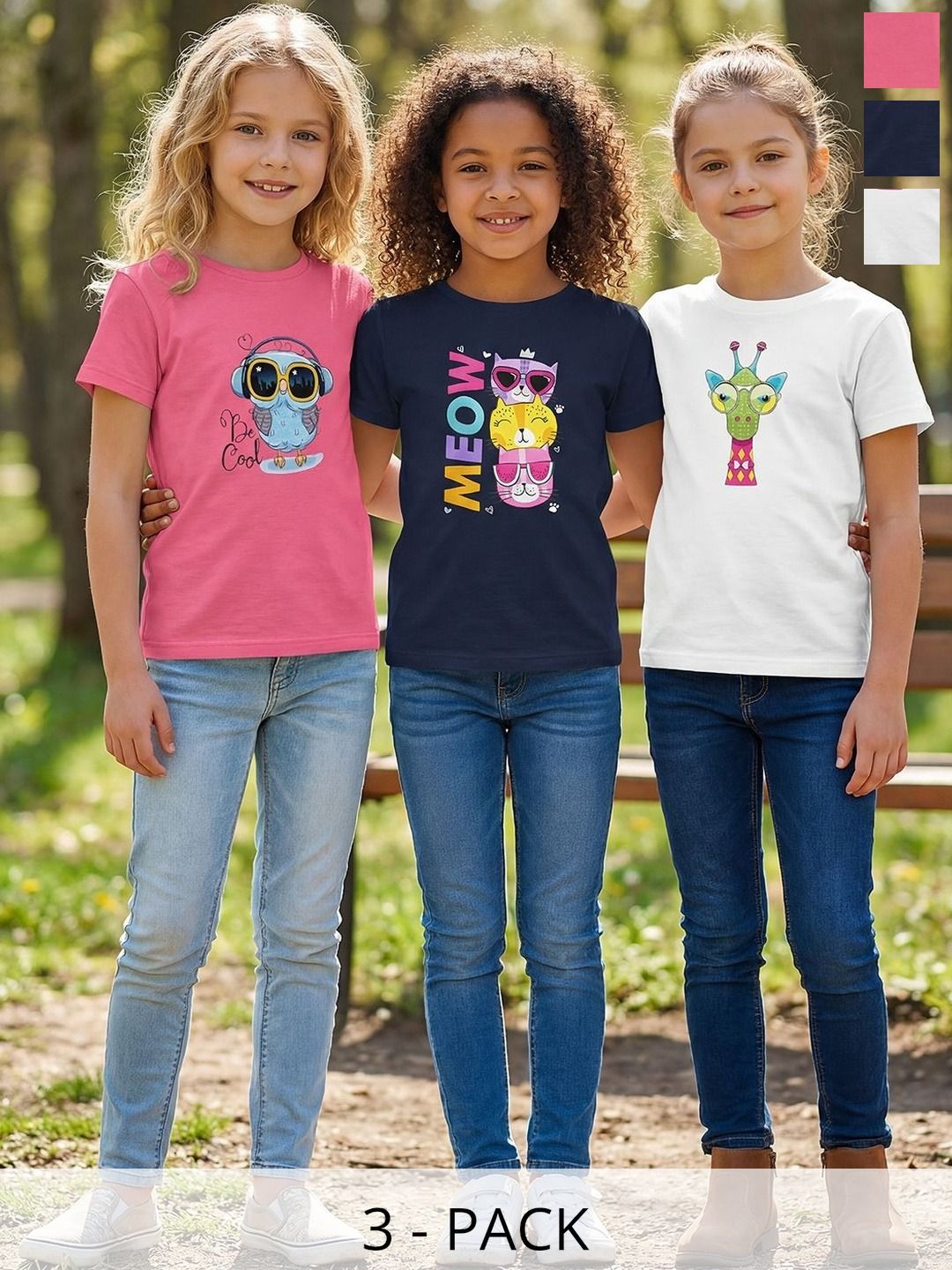 HELLCAT Girls Pack Of 3 Printed Round Neck Tshirts-picture-23