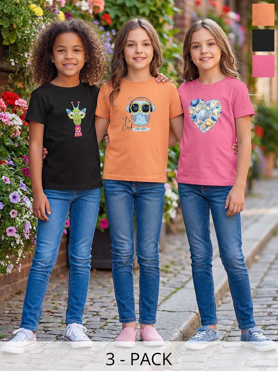 HELLCAT Girls Pack Of 3 Printed Round Neck Tshirts-picture-38