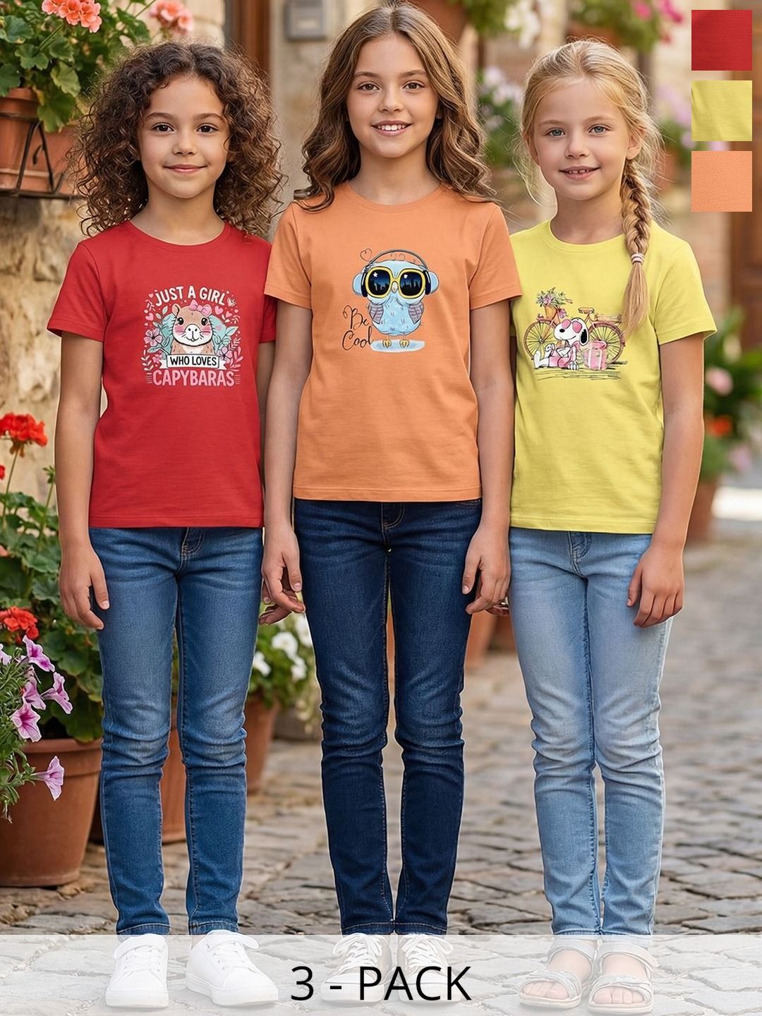 HELLCAT Girls Pack Of 3 Printed Round Neck Tshirts-picture-31