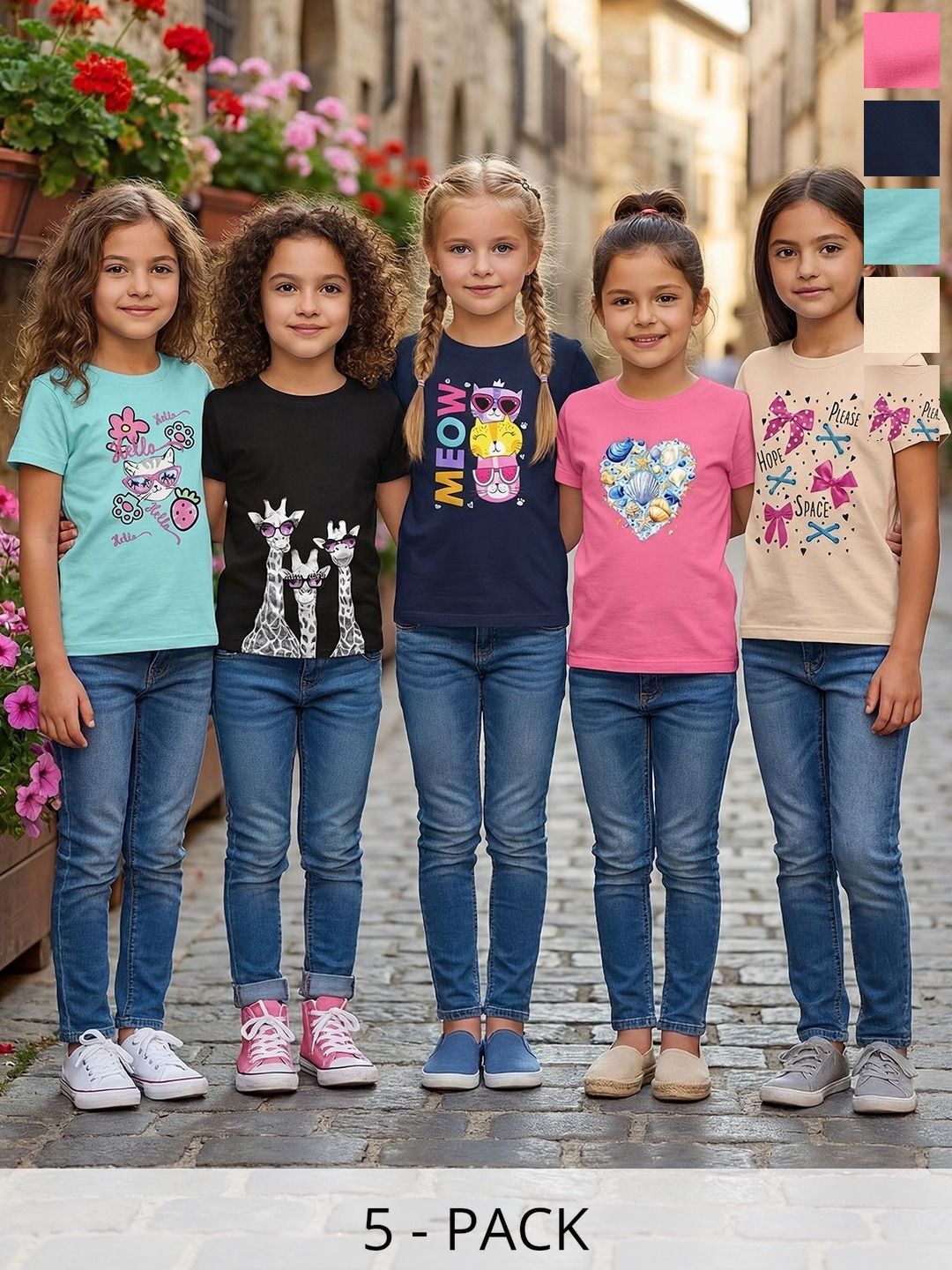 HELLCAT Girls Pack Of 5 Graphic Printed Round Neck Tshirts-image-47