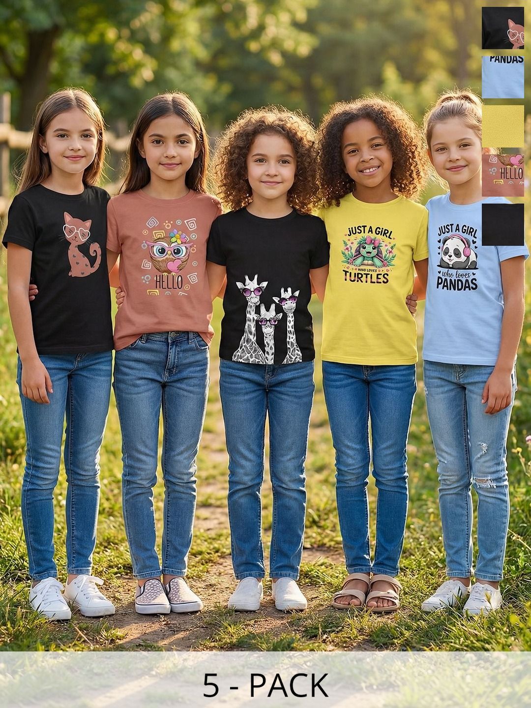 HELLCAT Girls Pack Of 5 Printed Round Neck Regular Fit T-shirt-image-20