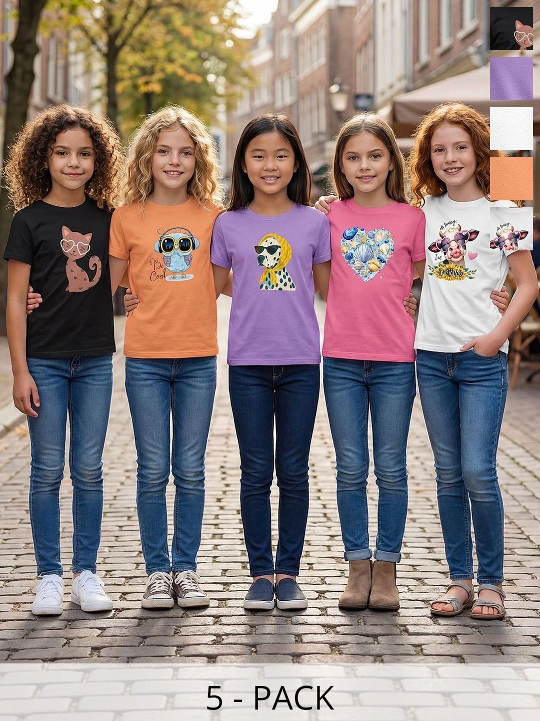 HELLCAT Girls Pack Of 5 Printed Round Neck Regular Fit T-shirt-image-44