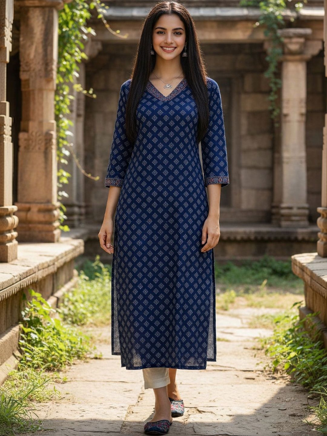 KALINI Floral Printed V-Neck Pure Cotton Blend Kurti-picture-32
