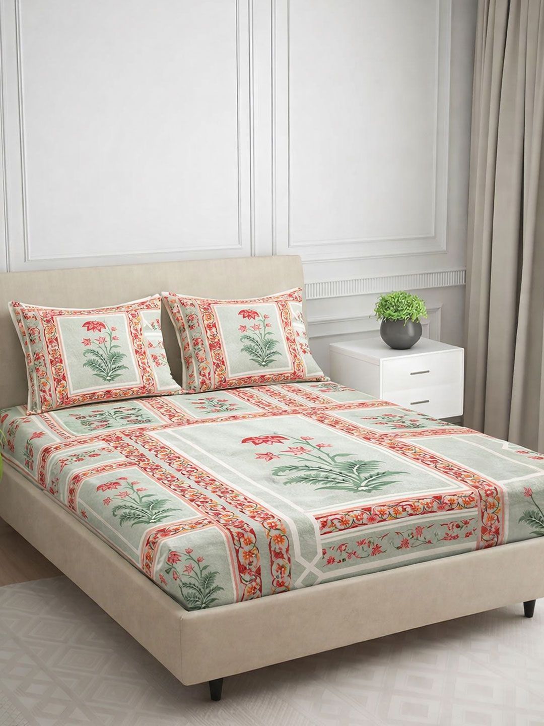 Signature Green & Red Floral 210 TC Bedsheet with 2 Pillow Covers-picture-17
