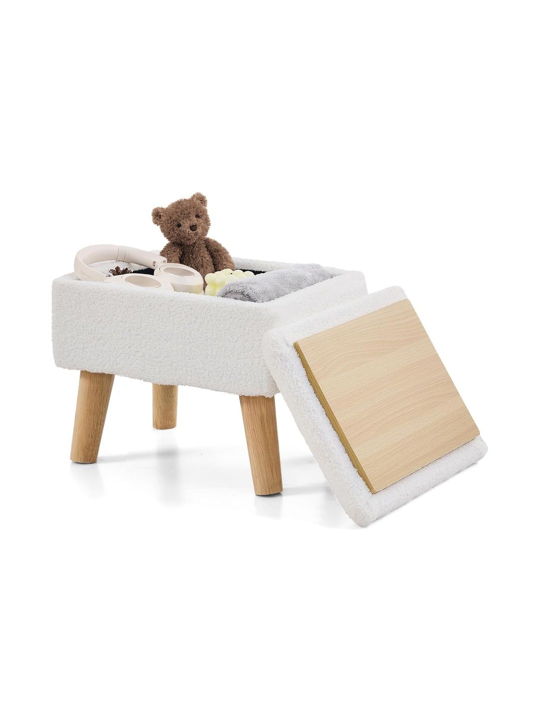Shadowkart White Self Design Square Wooden Ottoman With Storage-image-9