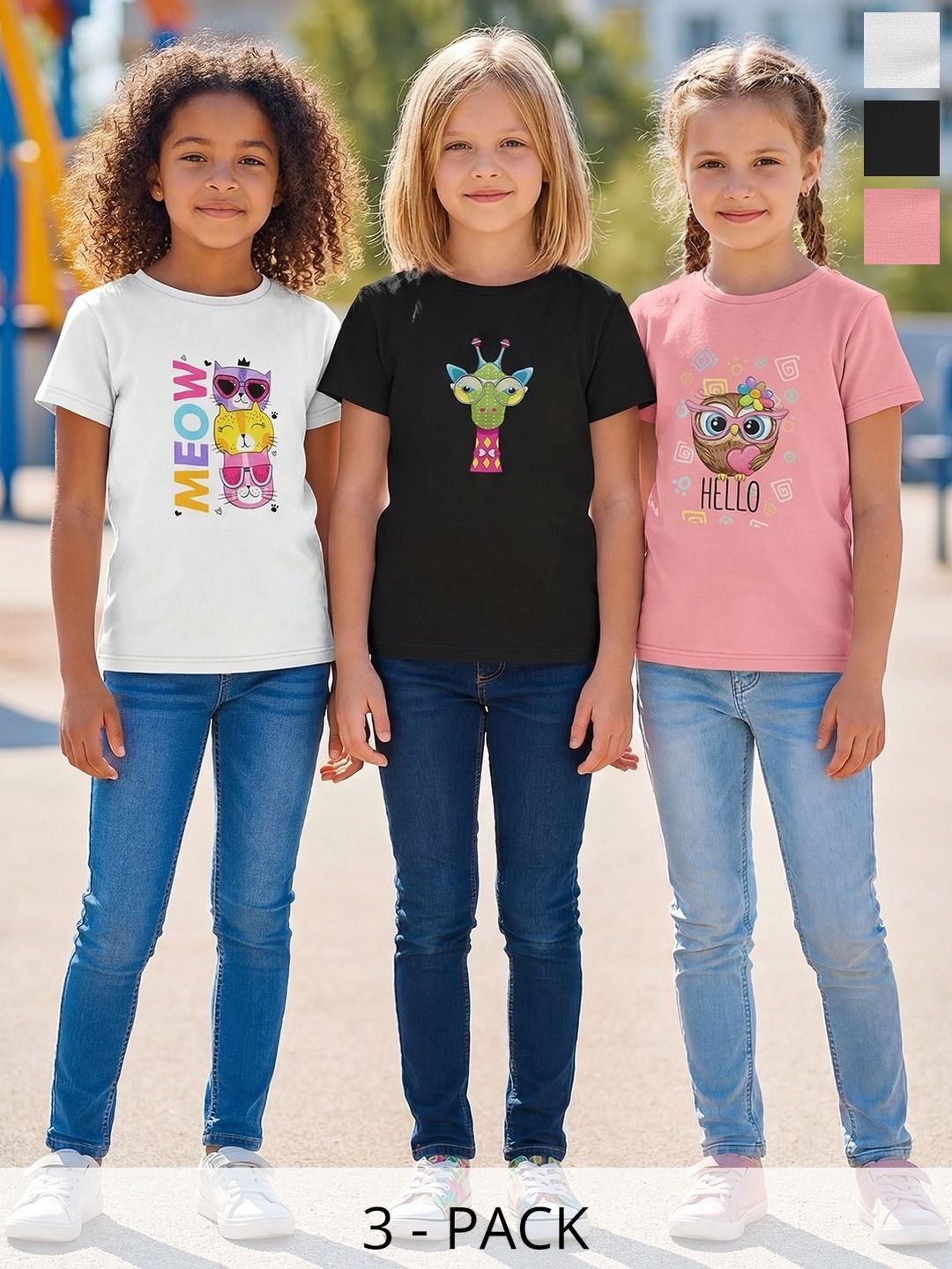 HELLCAT Girls Pack Of 3 Printed Round Neck Tshirts-picture-30