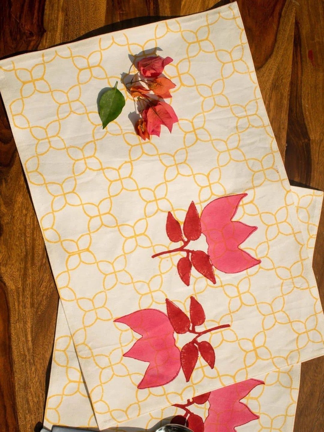 Earthan 6 Pieces Yellow and Pink Floral Cotton Rectangle Table Placemats-image-0