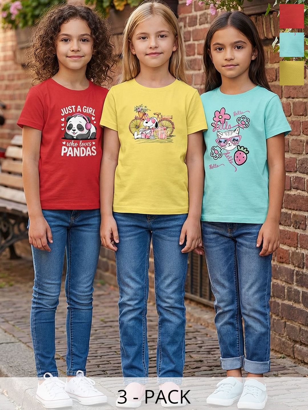 HELLCAT Girls Pack Of 3 Printed Round Neck Tshirts-picture-21
