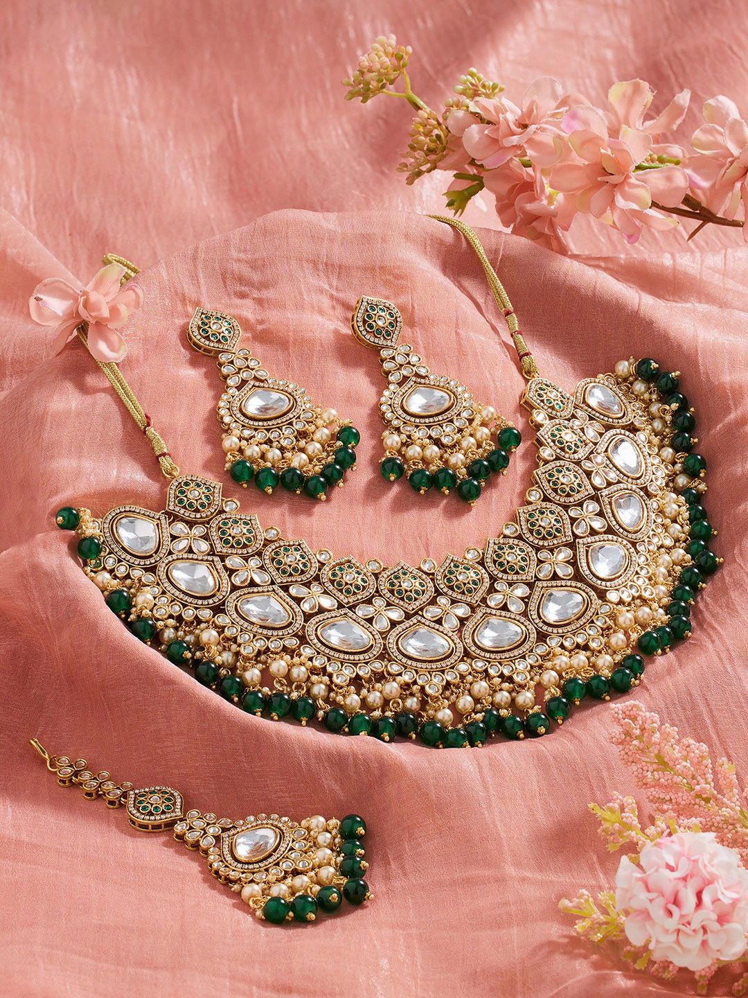 Zaveri Pearls Gold-Plated Stone Studded & Beaded Maang Tika and Earrings-picture-33