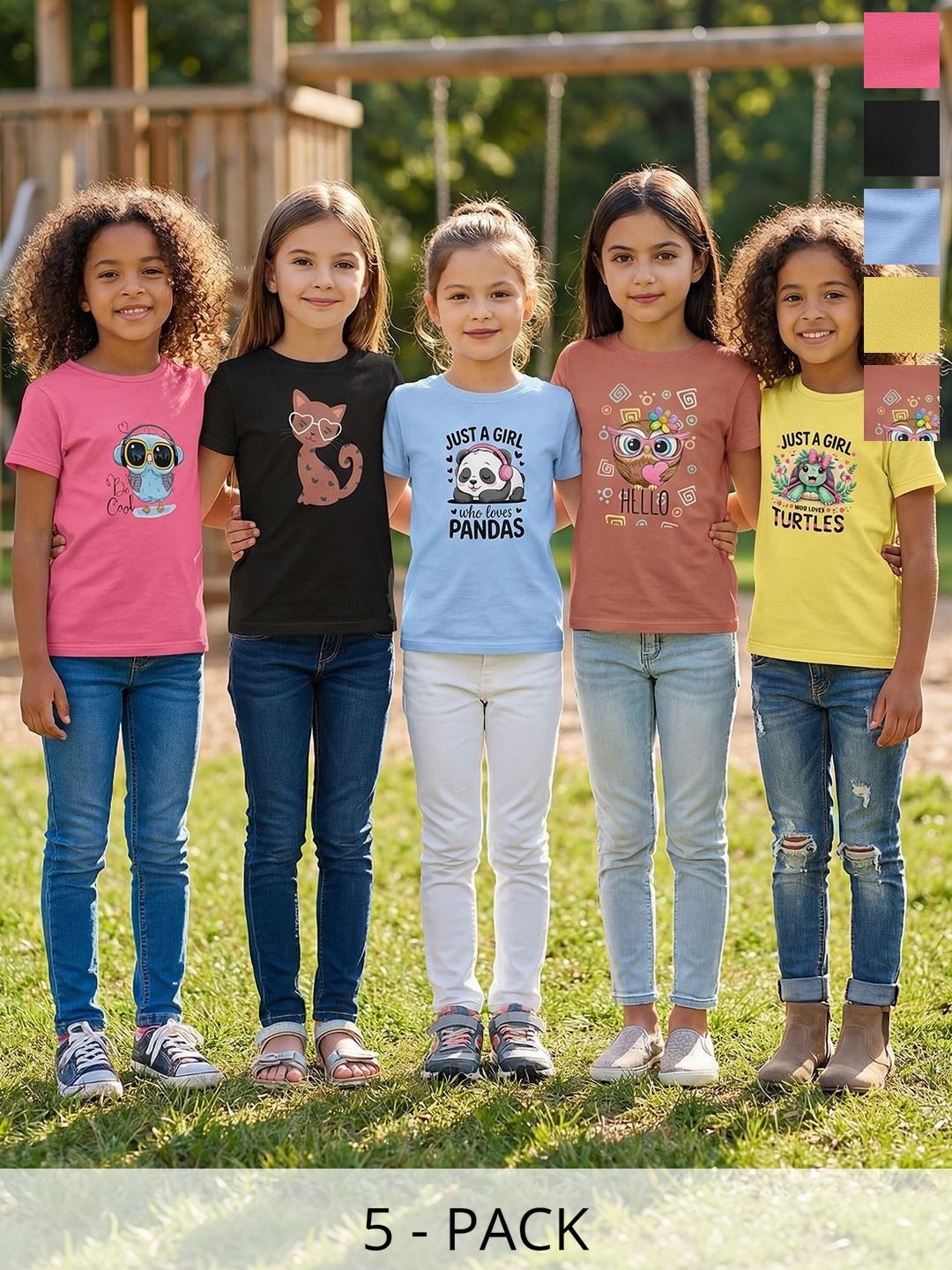 HELLCAT Girls Pack Of 5 Printed Round Neck Tshirts-image-16