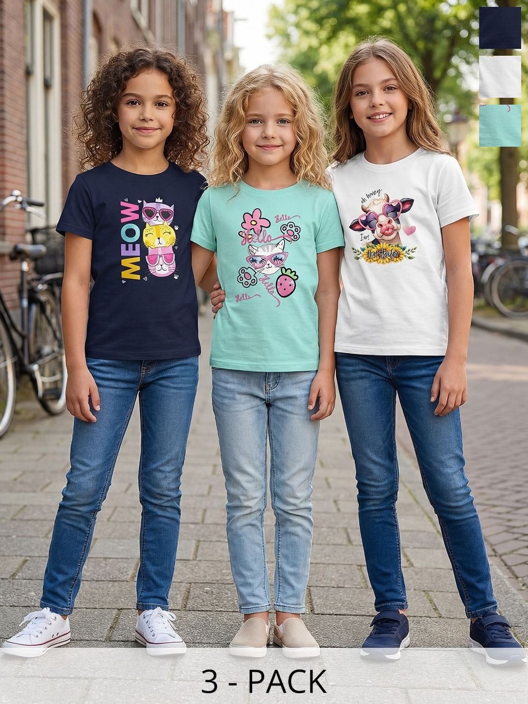 HELLCAT Girls Pack Of 3 Printed Round Neck Tshirts-picture-29