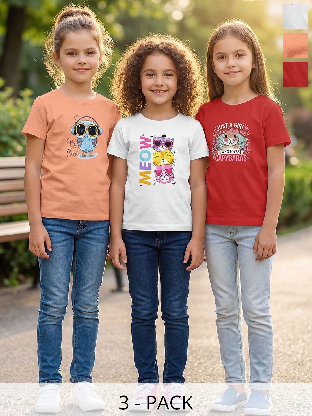 HELLCAT Girls Pack Of 3 Printed Round Neck Tshirts-picture-32