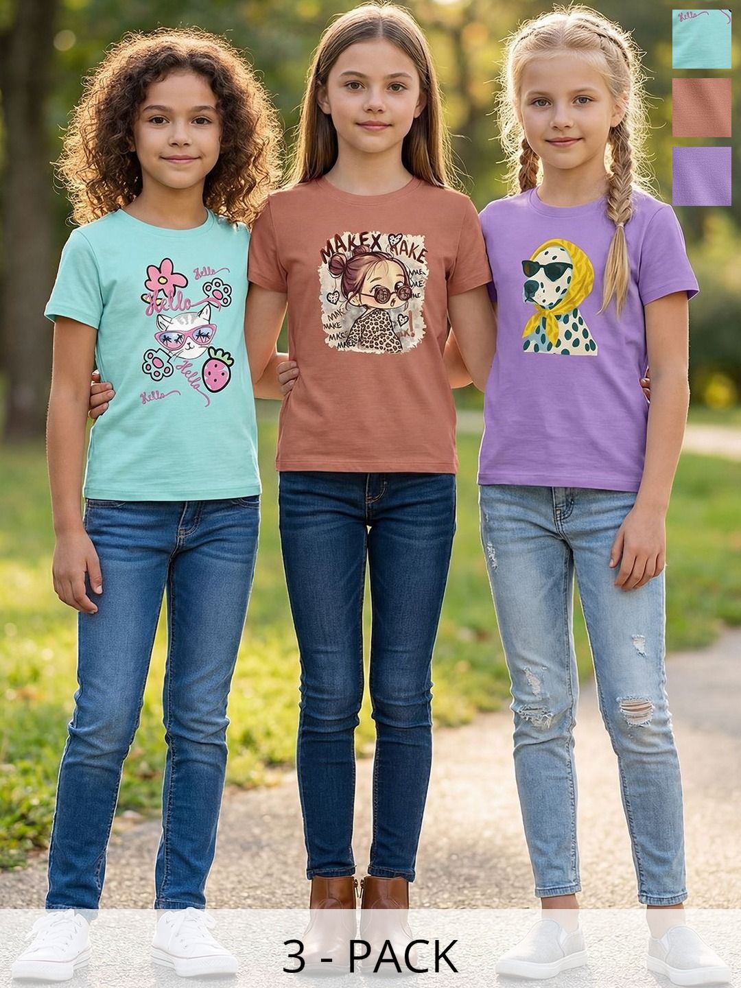 HELLCAT Girls Pack Of 3 Printed Round Neck Tshirts-picture-32