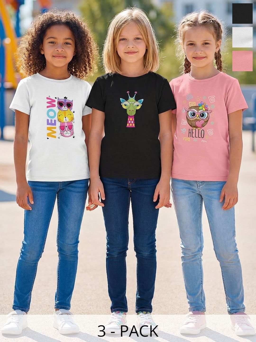 HELLCAT Girls Pack Of 3 Printed Round Neck Regular Fit T-shirt-picture-32