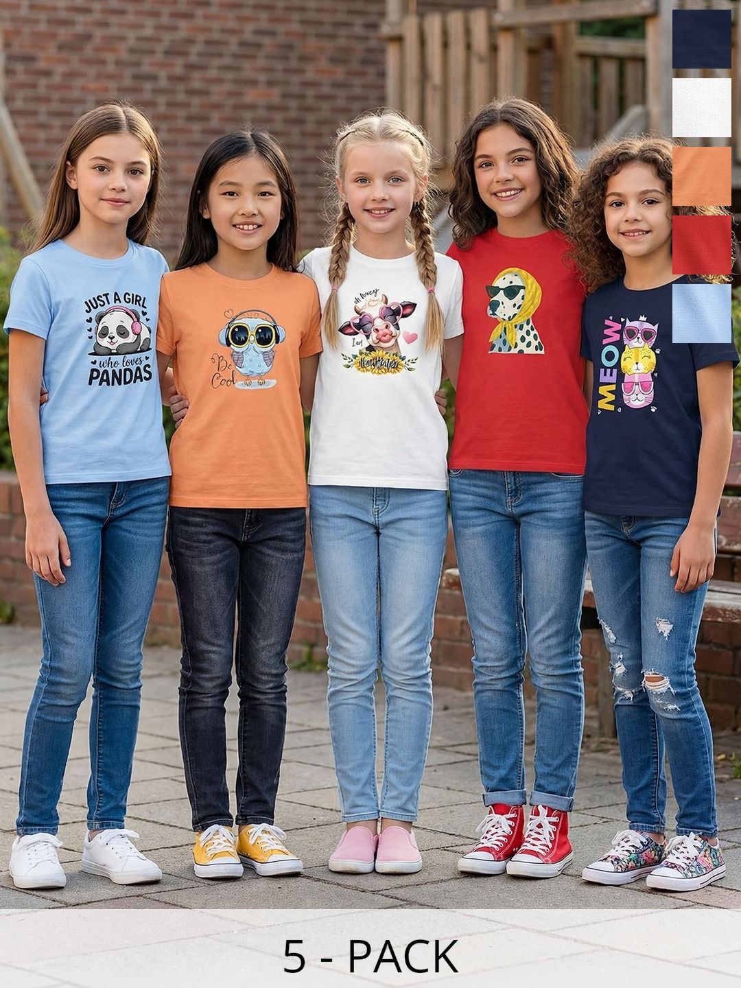 HELLCAT Girls Pack Of 5 Printed Round Neck Regular Fit T-shirt-picture-45