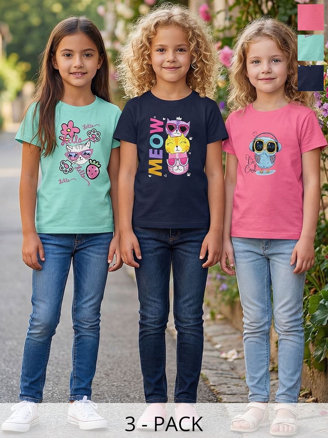 HELLCAT Girls Pack Of 3 Printed Round Neck Regular Fit T-shirt-picture-26