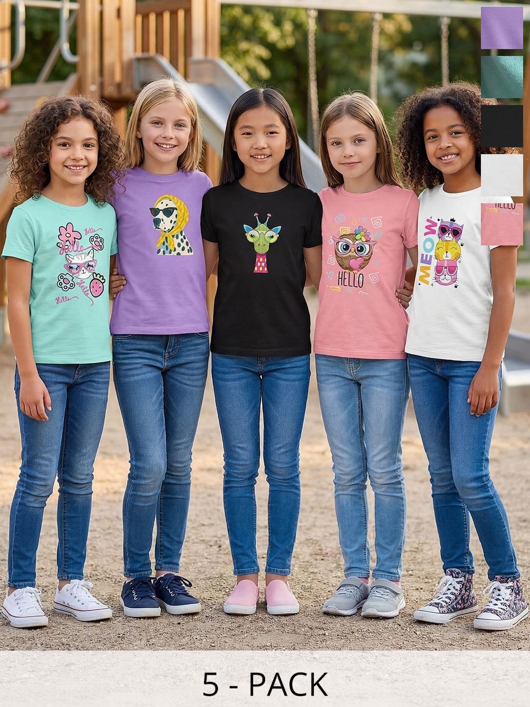 HELLCAT Girls Pack Of 5 Printed Round Neck T-shirts-image-11
