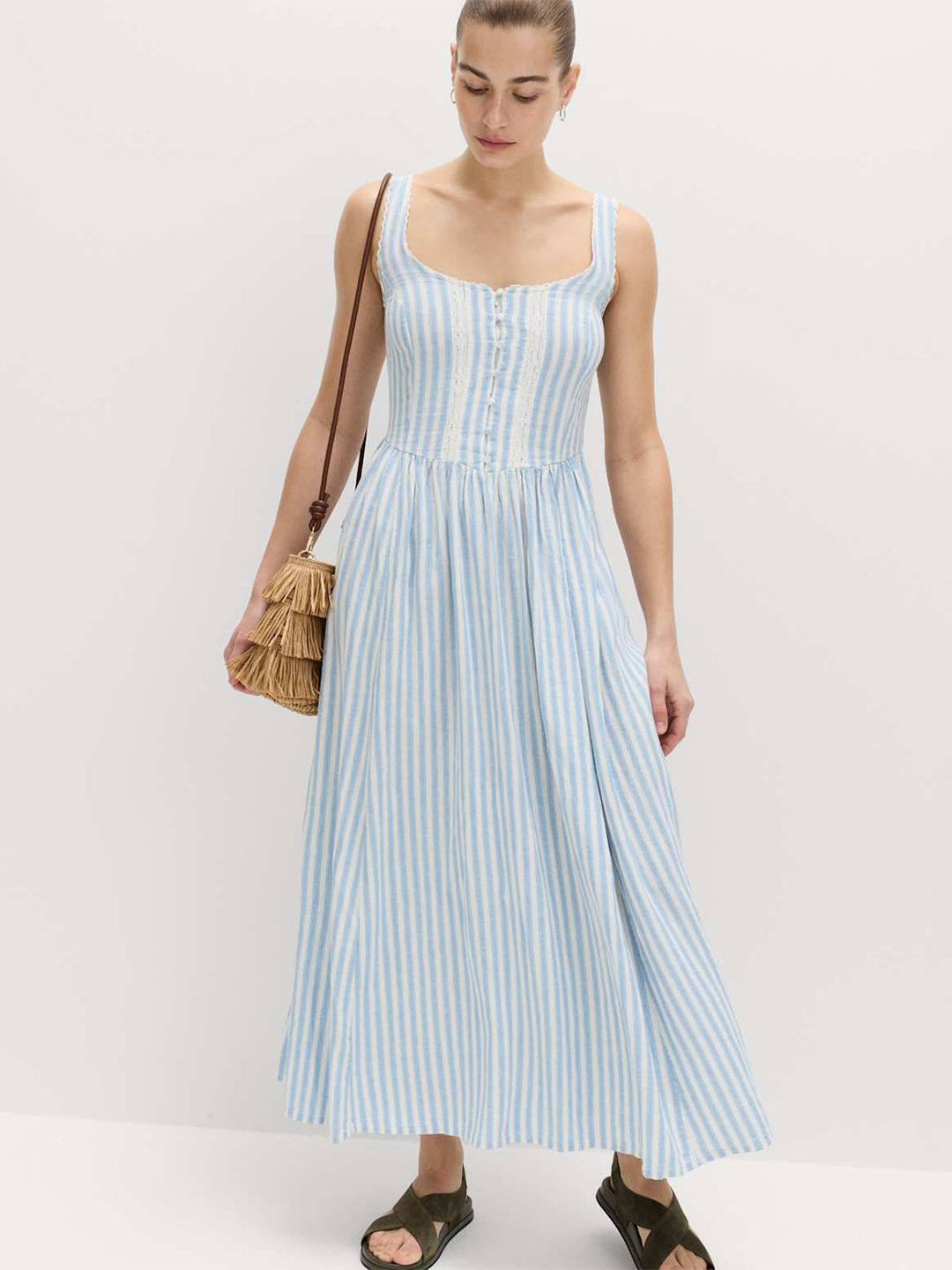 Marks & Spencer Linen Rich Lace Insert Strappy Midi Shift Dress-picture-14
