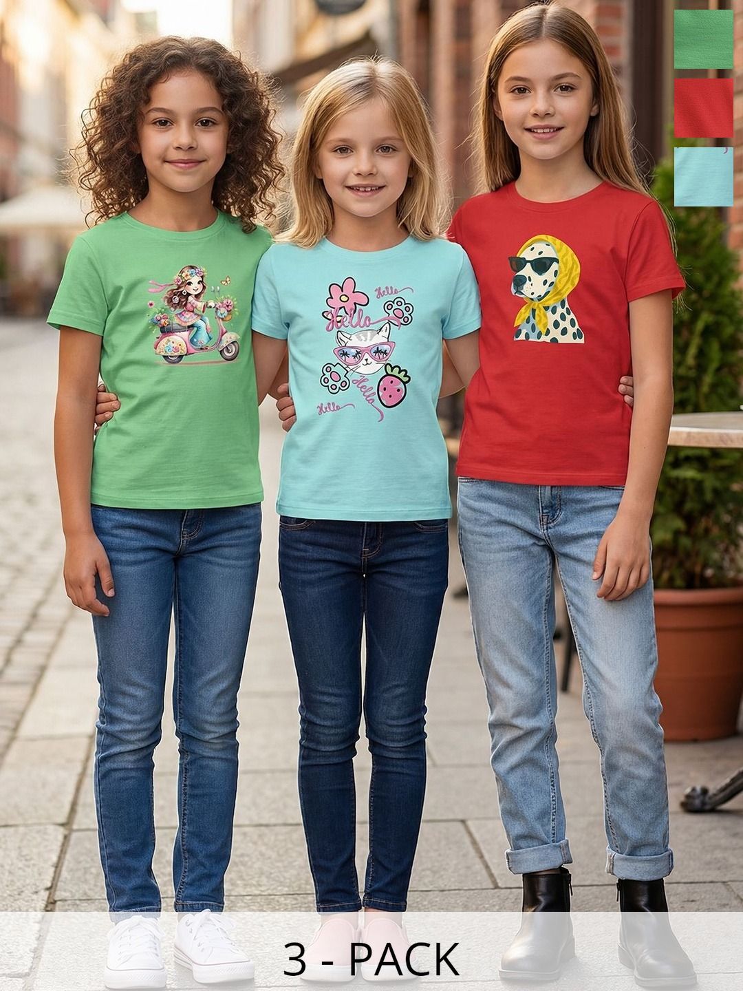 HELLCAT Girls Pack Of 3 Graphic Printed Round Neck Regular Fit T-shirts-picture-17