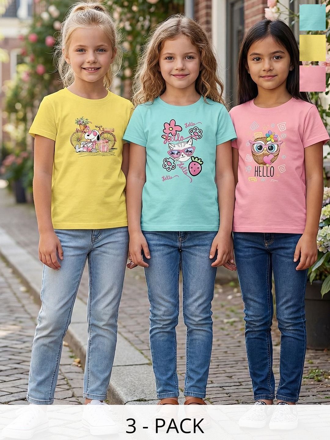 HELLCAT Girls Pack Of 3 Printed Round Neck Tshirts-picture-17