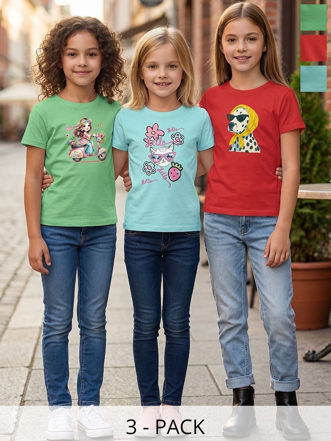 HELLCAT Girls Pack Of 3 Printed Round Neck Regular Fit T-shirt-picture-29