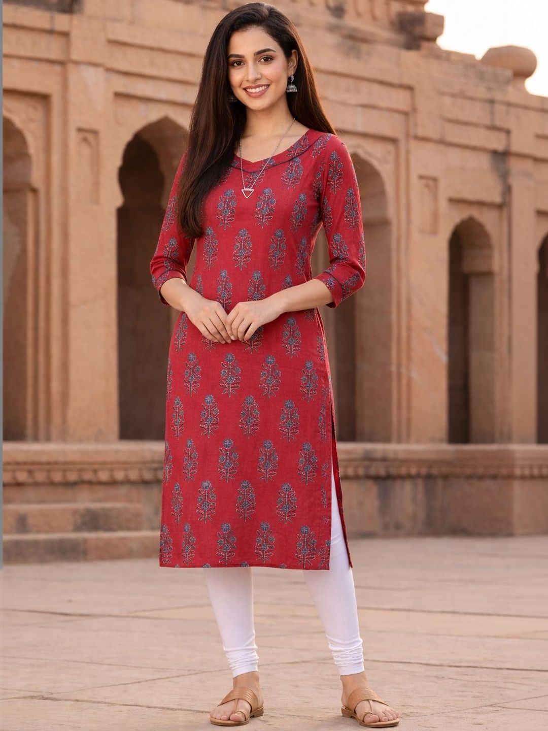 KALINI Floral Printed V-Neck Pure Cotton Blend Kurti-picture-42