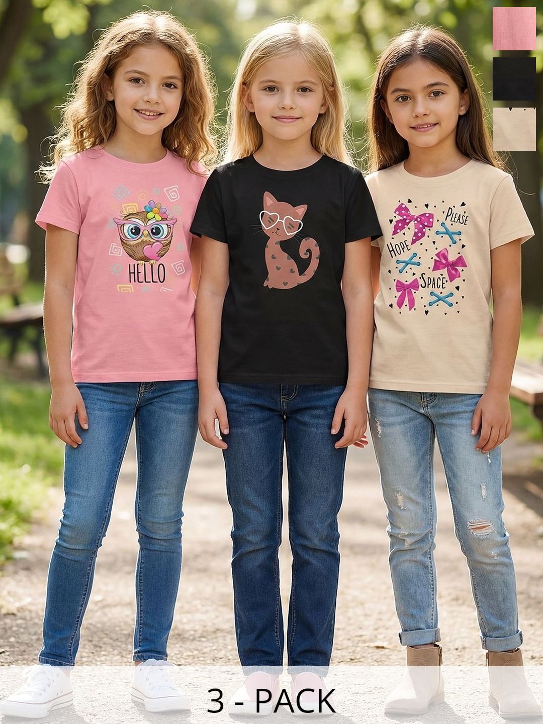 HELLCAT Girls Pack Of 3 Graphic Printed Round Neck Tshirts-image-16