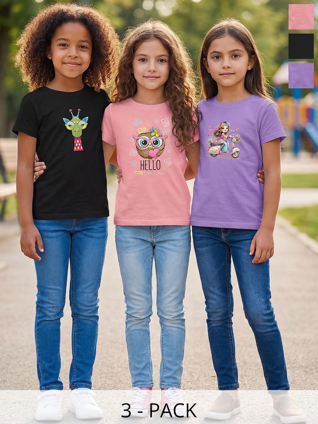HELLCAT Girls Pack Of 3 Graphic Printed Round Neck Tshirts-image-14