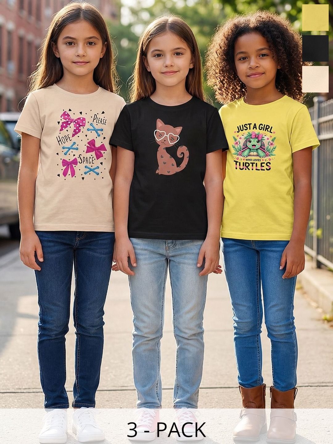 HELLCAT Girls Pack Of 3 Printed Round Neck Regular Fit T-shirt-picture-33