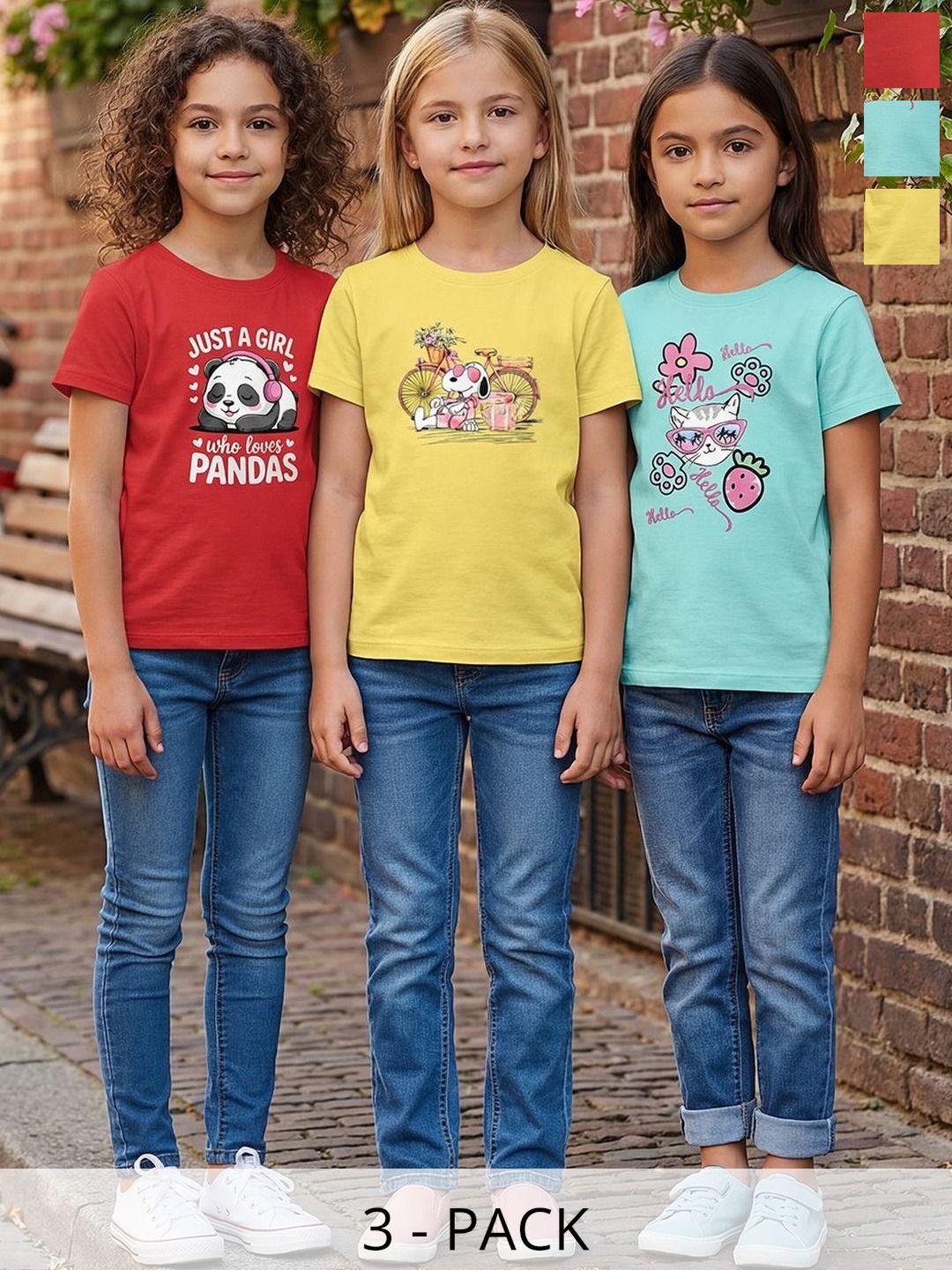 HELLCAT Girls Pack Of 3 Printed Round Neck Regular Fit T-shirt-picture-24