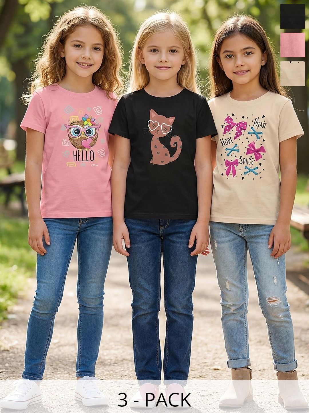 HELLCAT Girls Pack Of 3 Graphic Printed Round Neck Tshirts-image-48