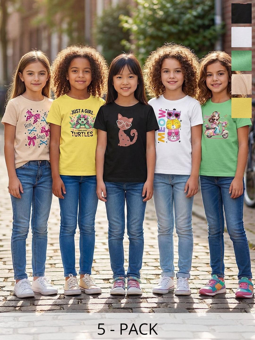 HELLCAT Girls Pack Of 5 Printed Round Neck Tshirts-image-10