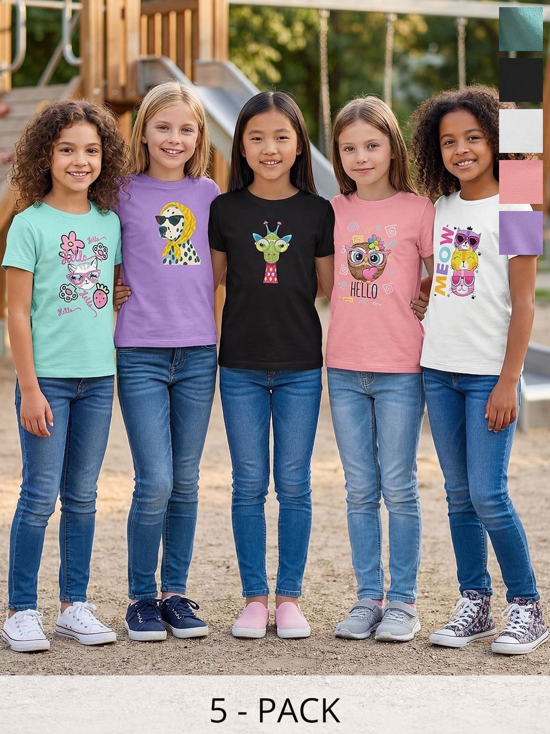 HELLCAT Girls Pack Of 5 Printed Round Neck Tshirts-picture-49