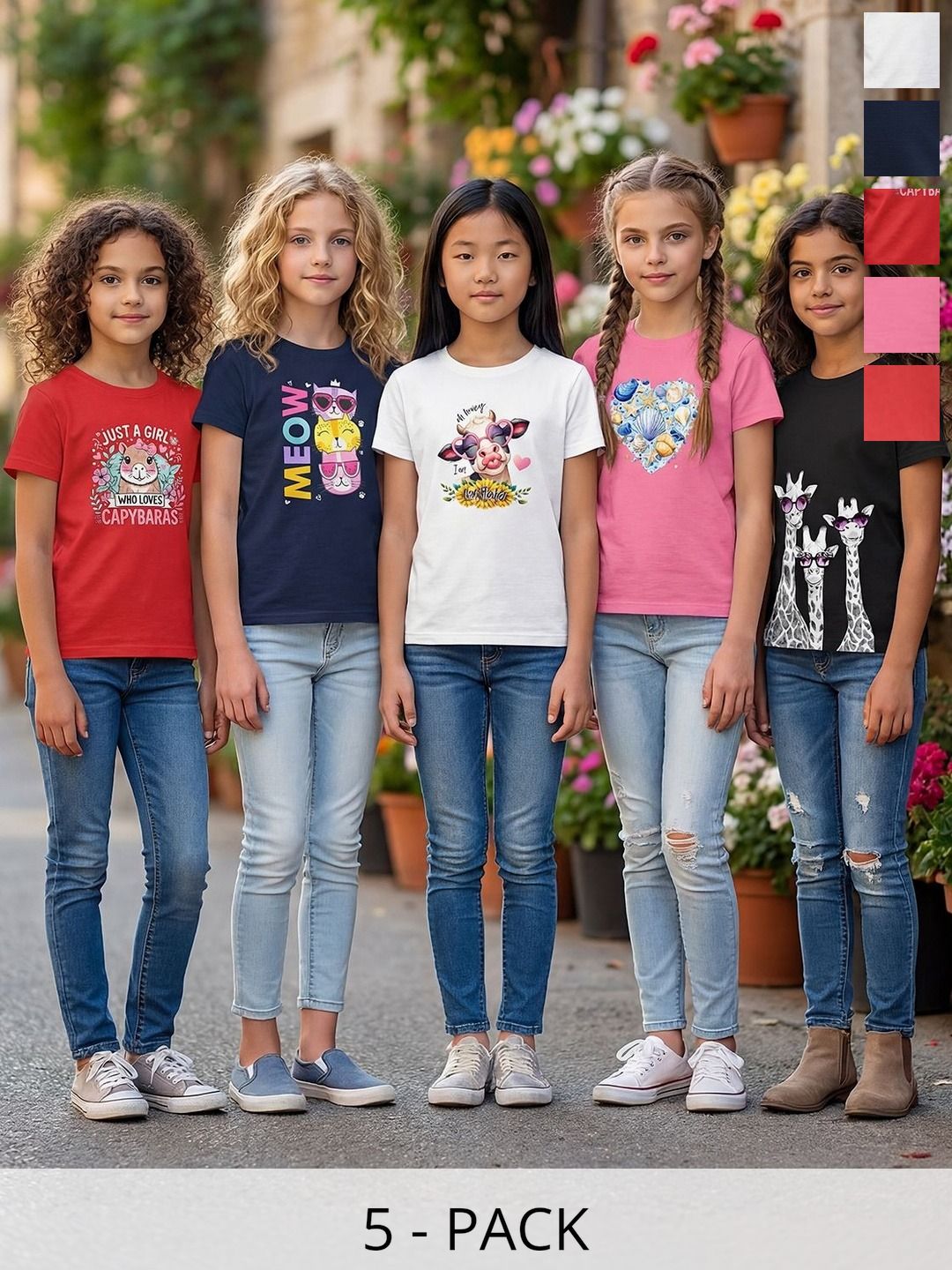 HELLCAT Girls Pack Of 5 Printed Round Neck Regular Fit T-shirt-image-43