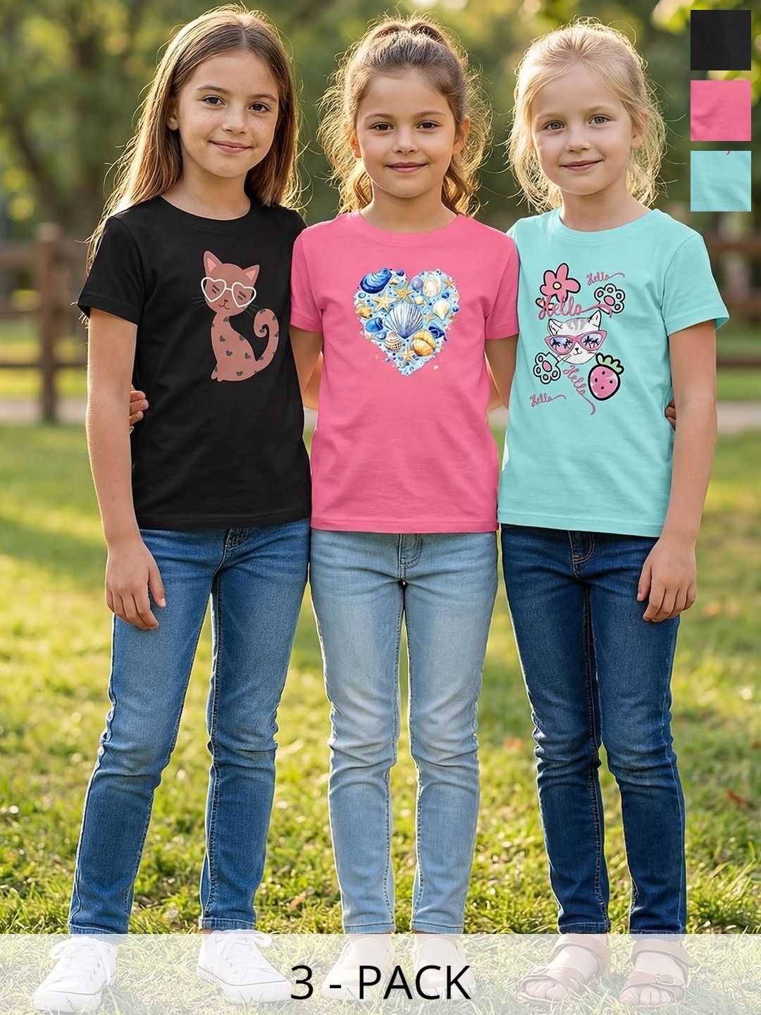 HELLCAT Girls Pack Of 3 Printed Round Neck Regular Fit T-shirt-picture-25